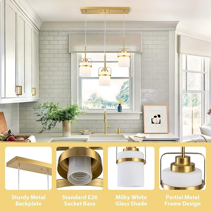 Brass 3-Light Pendant Lighting, Adjustable Hanging Light Fixture with Milk Glass Shade, Modern Pendant Light for Kitchen Island Dining Room Bar Over Sink/Table/Counter