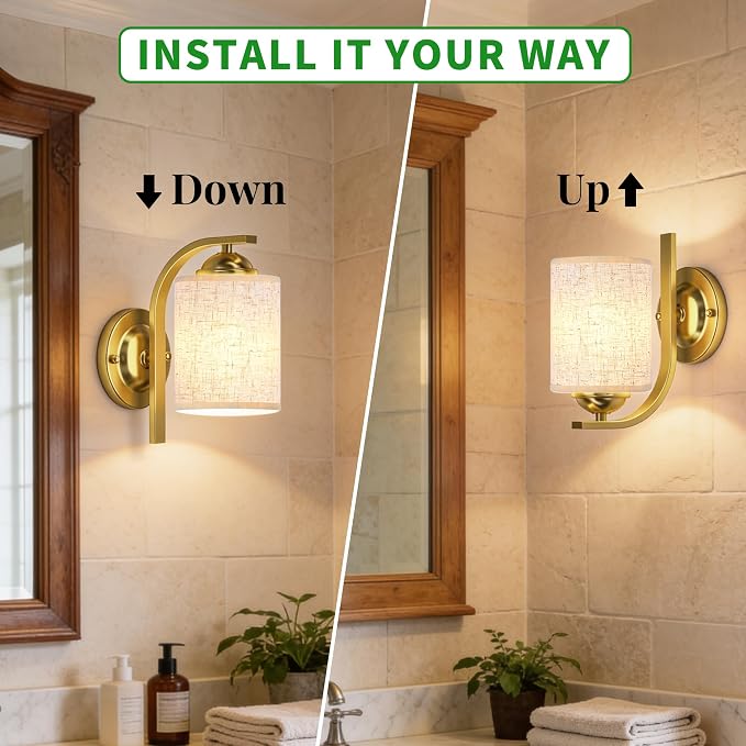 2-Pack Wall Sconces for Bedroom and Bathroom, Gold Farmhouse Wall Light Fixtures with Fabric Shade, Modern Vanity Wall Lamps for Living Room, Hallway, Kitchen