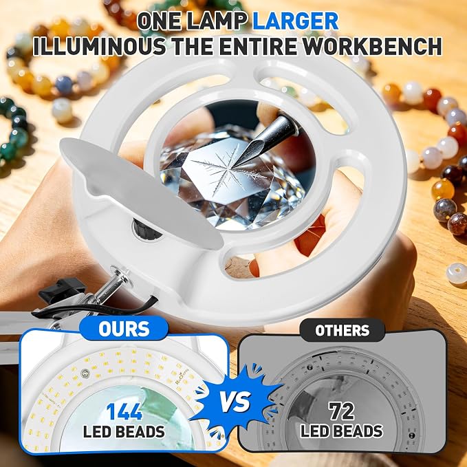 12X Magnifying Glass with Light, KIRKAS 2,200 Lumens LED Magnifying Lamp | with Clamp, Stepless Dimmable Real Glass Lens Magnifier, Adjustable Arm Workbench Light for Close Work Hobby Repair - White