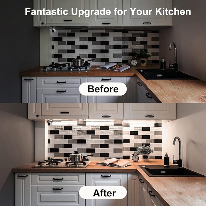 Black Under Cabinet Lighting Kits, 3-Pack 12In Dimmable LED Under Cabinet Lights Bars with 12V Power Adapter, 6000K Cool White Kitchen Under Counter Lights for Kitchen Cabinets, Book Shelves