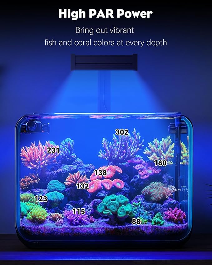 Pawfly 50W Reef Tank LED Light for SPS & LPS Corals, Clip-On Saltwater Aquarium Lamp with Timer, Day Night Modes, Adjustable Brightness, Blue UV Violet RGB Lighting