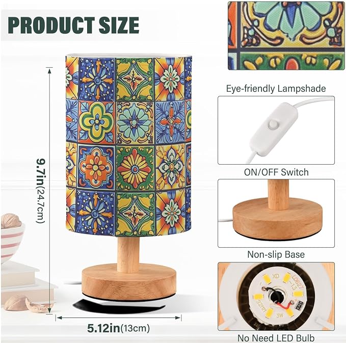 Vintage Mexican Tile Patterns Colorful Ethnic Bedside Table Lamps with USB Port for Bedroom Lamp Accent Table Lamp Small Nightstand Lamp Sturdy Linen Shade Decorative Lamps for Kids|Dorm|Home