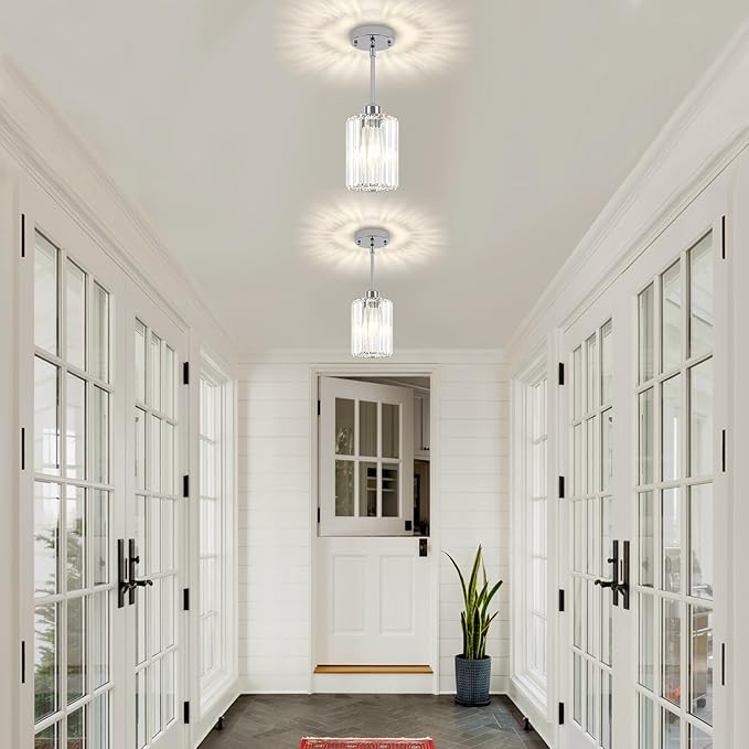 3 Pack Chrome Pendant Lights Kitchen Island, Modern Crystal Kitchen Pendant Lighting Over Island Adjustable Hanging Dining Room Light Fixtures Mini Pendant Light for Bathroom Hallway Bedroom Foyer