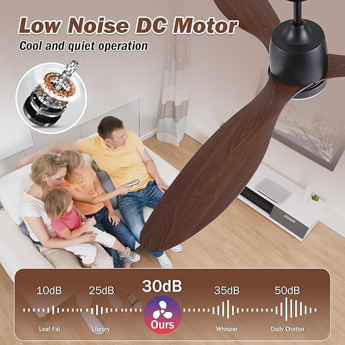 52-Inch Ceiling Fan with Light: Modern Indoor Black Ceiling Fans, App/Remote Control, 6-Speed Reversible Quiet DC Motor, for Bedroom Kitchen Living Room