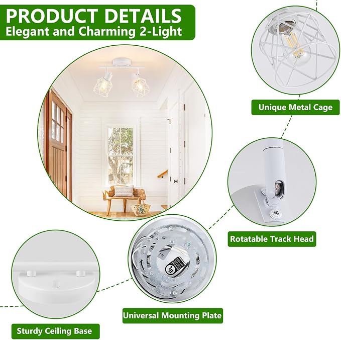 Baocuz 2-Lights White Kitchen Track Lighting, Adjustable Multi-Directional Ceiling Light Fixtures, Rotatable Farmhouse Light Fixtures Mount with Metal Cage for Dining Room, Living Room, Bedroom