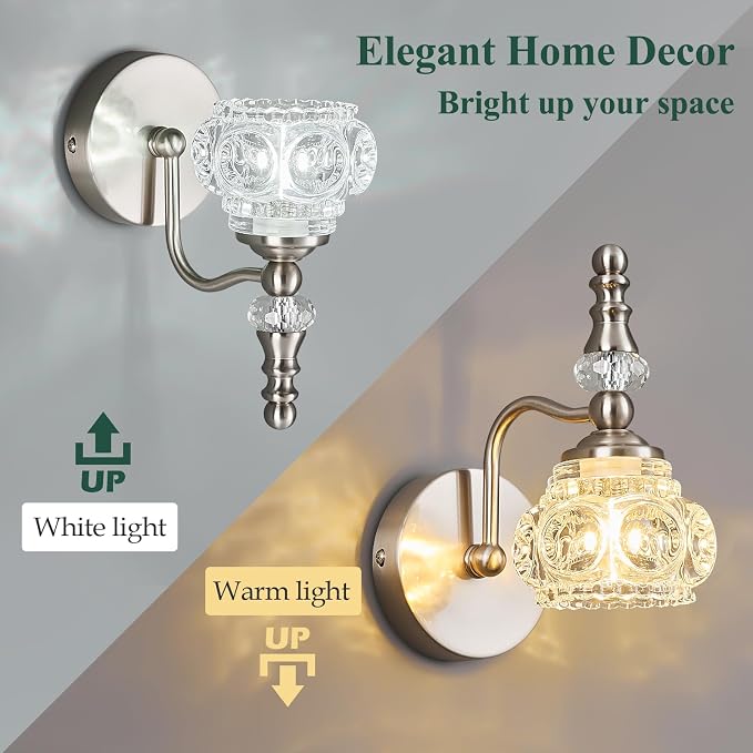 Modern Wall Sconce Set of Two Indoor Wall Lamp Nickel Vintage Wall Sconces Glass Wall Light Bathroom Vanity Light Fixture Wall Mounted Room Sconce Wall Lighting