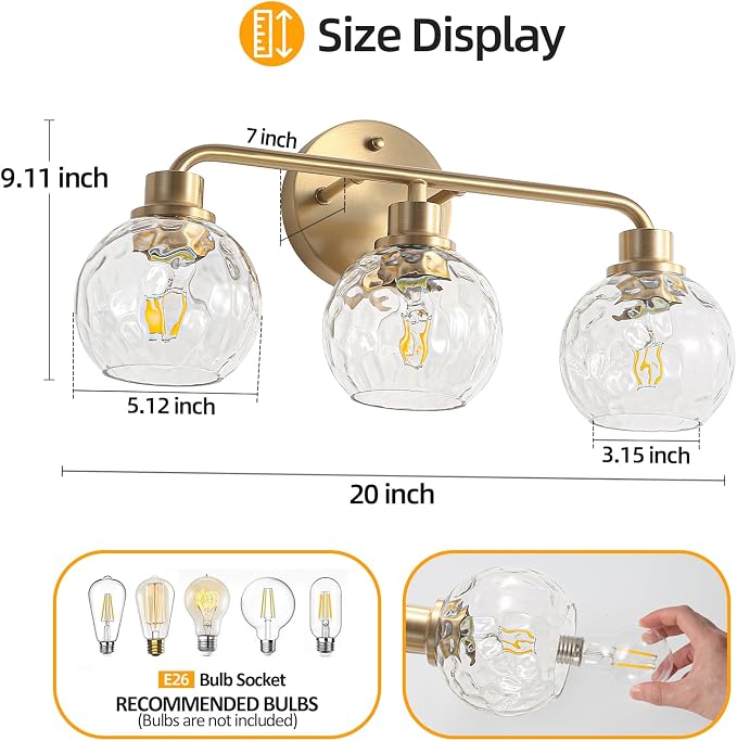 Bathroom Light Fixtures Gold Vanity Light 3 Light Brushed Brass | Wall Sconces Lighting with Hammered Globe Glass Shades Bath Wall Lamp for Mirror Living Room Bedroom Hallway