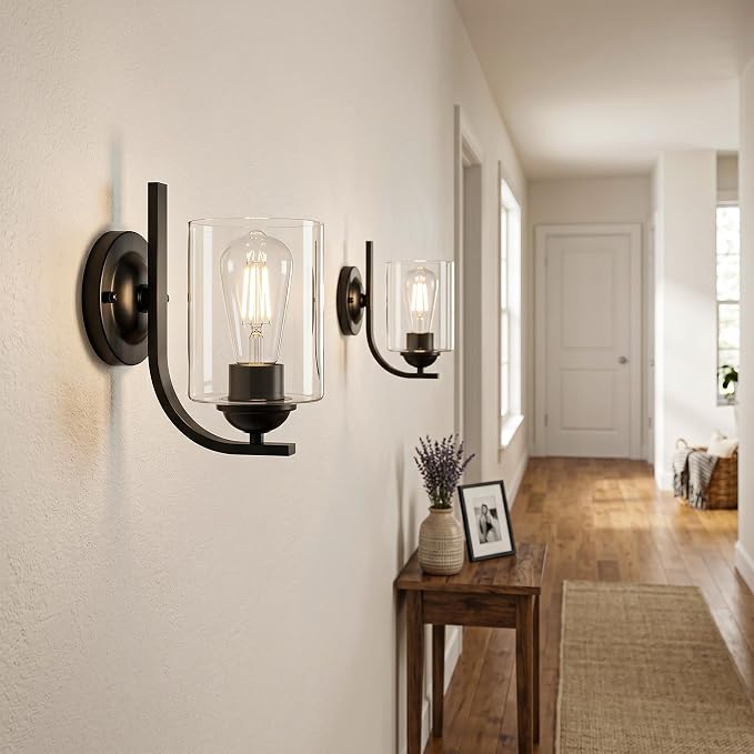2-Pack Wall Sconces Lights Lamp for Bedroom Bathroom, Modern Vanity Light Fixtures, Black Farmhouse Wall Mount Lighting Lanterns with Clear Glass Shade for Living Room Mirror Hallway Kitchen