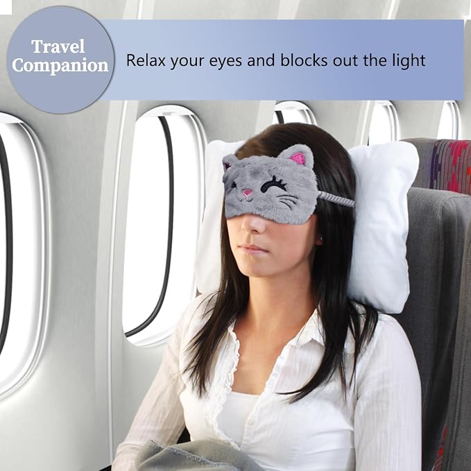 Cute Sleep Masks - Cartoon Animal Cat Eye Mask, Plush Sleeping Mask & Travel Blindfold - Funny Kitten Eye Shade for Women Men (Grey Cat)