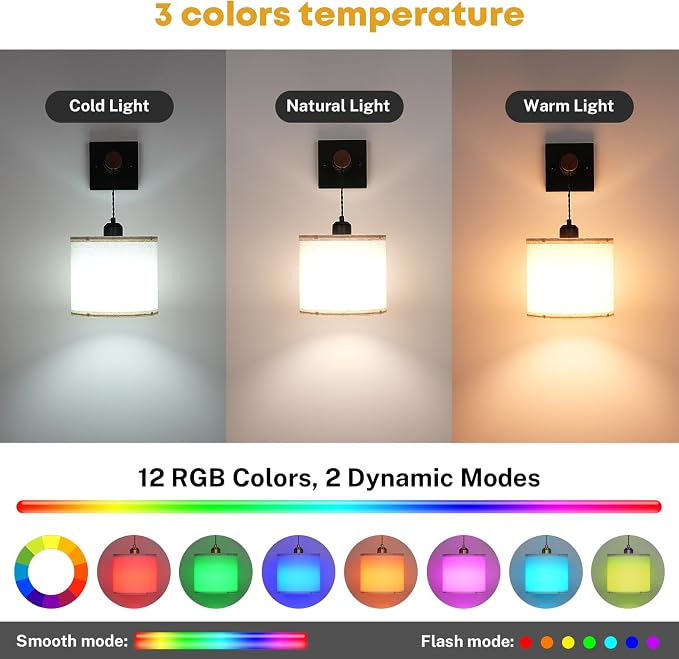 Battery Operated Wall Sconces Set of 2, 8000mAh Rechargeable Sconce RGB 15 Colors Dimmable Wall Sconce Wireless Battery Powered Sconces Decor Wall Lights for Living Room Bedroom Black