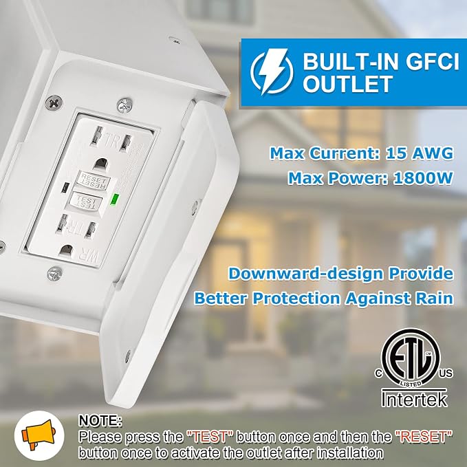 Outdoor Porch Light, Dusk to Dawn Outdoor Wall Lantern with GFCI Outlet | White Waterproof Anti-Rust Exterior Light Fixture with LED Bulb, Outside Sconce Lights for House Garage Patio