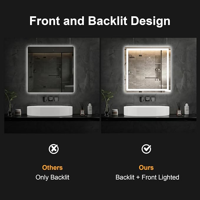 LED Bathroom Mirror with Lights, 30 x 30 Lighted Vanity Wall Mirror | Backlit and Frontlit, Anti-Fog, Dimmable 3 Colors, Shatter-Proof Tempered Glass, Memory Function, Plug-in/Hardwired