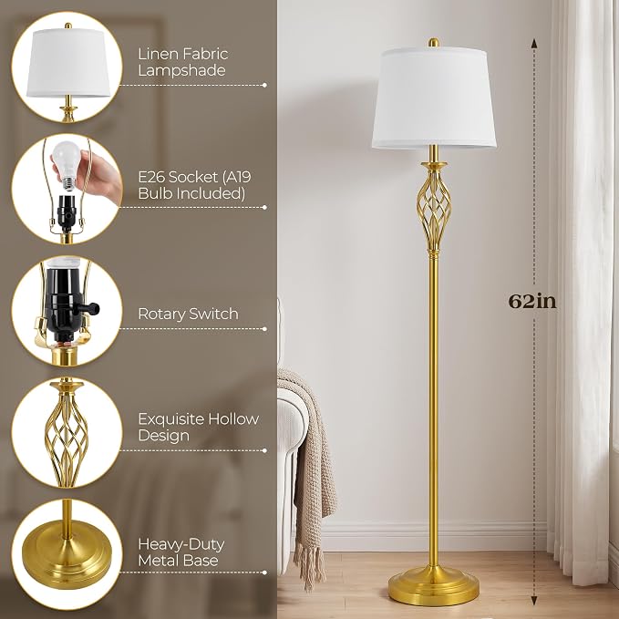 EJIAXIN Floor Lamps for Living Room - 62" Farmhouse Vintage Standing Lamp for Bedroom with Adjustable Color Temperatures,Gold Tall Lamp with Linen Shade,Reading Light for Home Office,Bulb Included