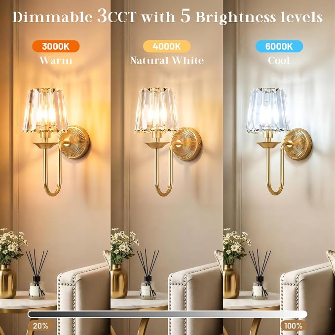 Gold Battery Operated Wall Sconces Set of Two, Crystal Wireless Rechargeable Wall Lights with Remote, Dimmable 3 CCT and 12 RGB Cordless Wall Lamps for Bedroom Living Room Hallway Decor