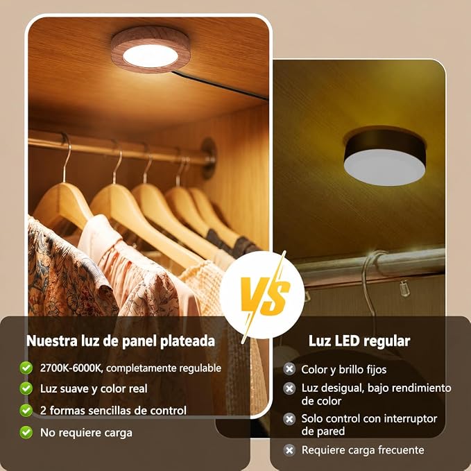 VST 6 Pack Plug-in LED Under Cabinet Puck Lights, Wired Touch Dimmer Switch & RF Remote,CCT 2700K-6000K Adjustable ，Recessed & Surface Mount, 12V/2W UL Listed for Wardrobe Display(Wood, 6 Pack)