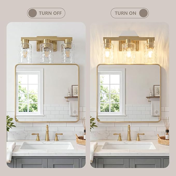 3-Light Bathroom Light Fixtures with Water Ripple Glass, Gold | Vanity Lights, Modern Wall Sconces, Over Mirror for Bathroom, Powder Room, Living Room