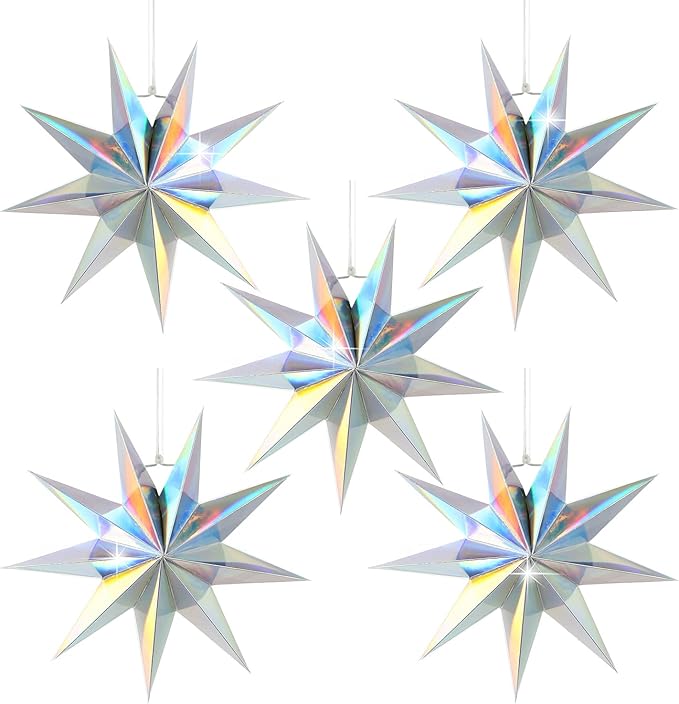 5Pack 9-Pointed Paper Star Lanterns 11.8 Inch Iridescent Hanging Paper Lampshade for Winter Wonderland, Christmas Holiday, Weddings, Frozen Birthday Party Celebration Decor