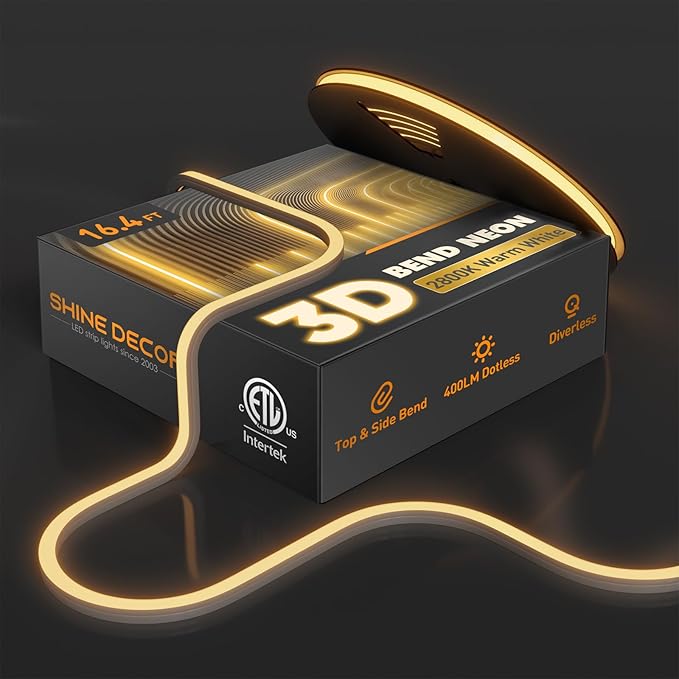 3D LED Neon Rope Light, Warm White, 16.4ft | Top & Side Bend, 400LM, Dotless, Driverless, IP65 Waterproof, Cold-Resistant, ETL Listed, Silicone Strip, for Home Commercial