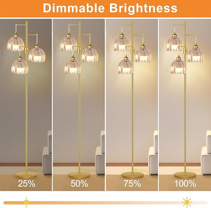 Dimmable Floor Lamps for Living Room-3 Light Gold Floor Lamp with Three Bulbs & Glass Lampshape, Mid Century Modern Standing Lamp Tree Tall Flower Floor Lamp for Bedroom Living Room,Corner
