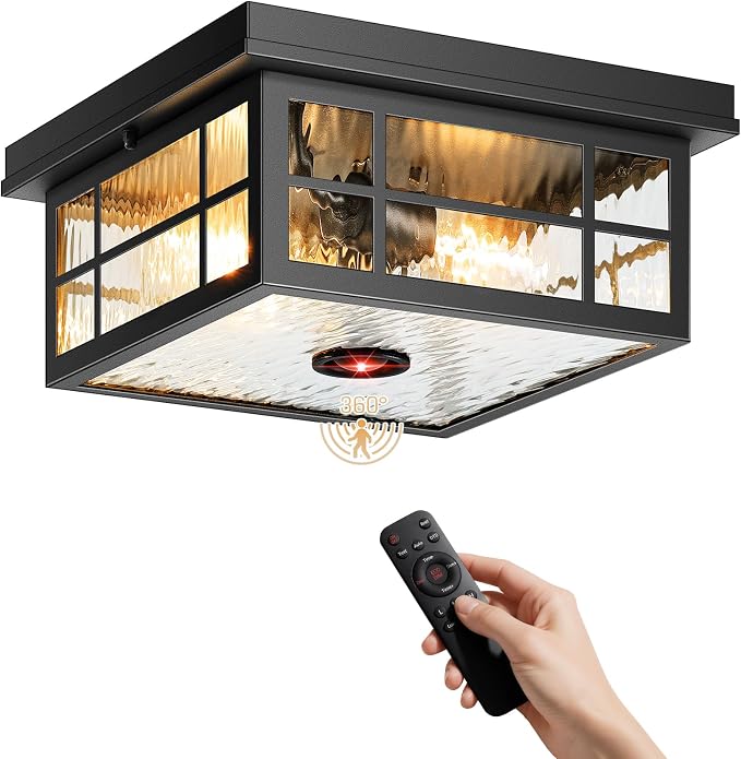 VIANIS Motion Sensor Exterior Ceiling Lighting Fixtures for Porch with Remote, 11'' Square Black Modern Outdoor Flush Mount Ceiling Light for House, 5 Modes Adjustable Distance Time Water Ripple Glass