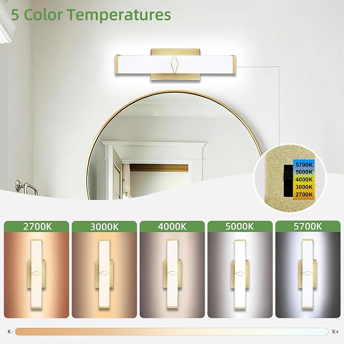 16 Inch Bathroom Vanity Light 2000LM, AC 120V 5CCT Modern Bathroom Lighting Fixtures Over Mirror Dimmable, 20W Gold LED Vanity Lighting Fixtures Wall Sconce ETL Certified, 1Pack