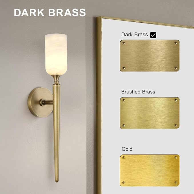 Alabaster Wall Sconces Set of Two, 22in Modern Spanish Natural Marble Bathroom Vanity Sconces, Brass Alabaster Sconce Wall Lighting, Gold Wall Light Fixtures Decor for Bedroom Living Room Staircases