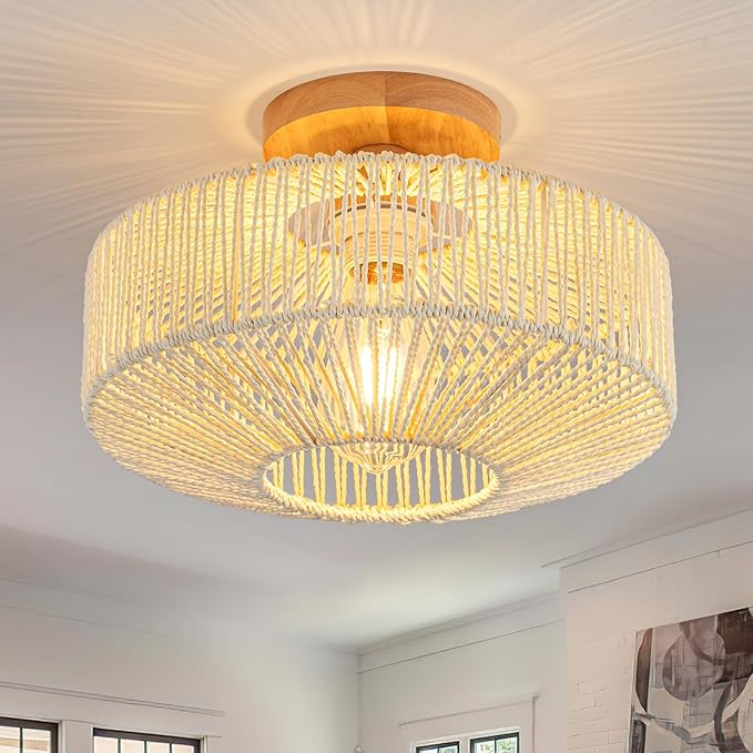 Rattan Light Fixtures Ceiling Flush Mount Boho Chandelier Bedroom Chandelier Ceiling Light for Nursery Hallway Entryway Kitchen Bathroom (Beige)