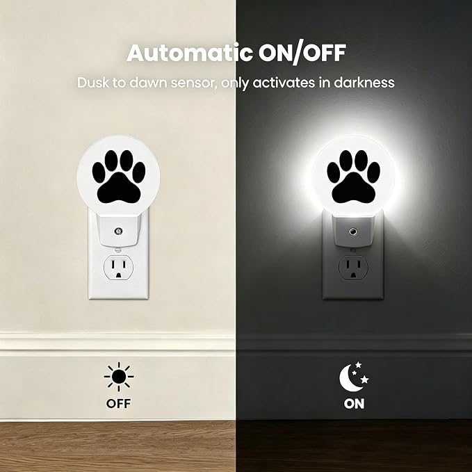 Nightlight Dog Paw Plug-in Night Lights Dusk to Dawn | Animal Puppy Black Cartoon Footprint Night Light LED Round Lamp with Auto on/off Sensor for Kitchen Hallway Bedroom Bathroom