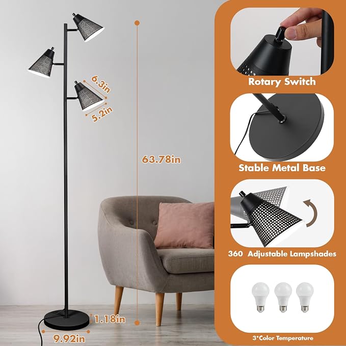 LALISU Tree Floor Lamp for Living Room, Industrial 3-Light Standing Lamp with 3 LED Bulbs, Adjustable Rotation Heads, Standing Tall Pole Lamp Reading Lamps for Bedroom Office (Black Hollow-Carved)