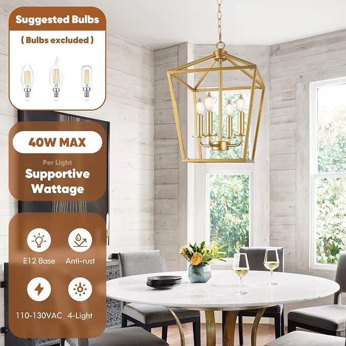 Gold Farmhouse Chandelier, 4-Light Foyer Lighting Fixtures for Dining Room | Industrial Kitchen Lantern chandelier Over Table, Pendant Island Ceiling Light for Entryway, Metal Cage Adjustable Height
