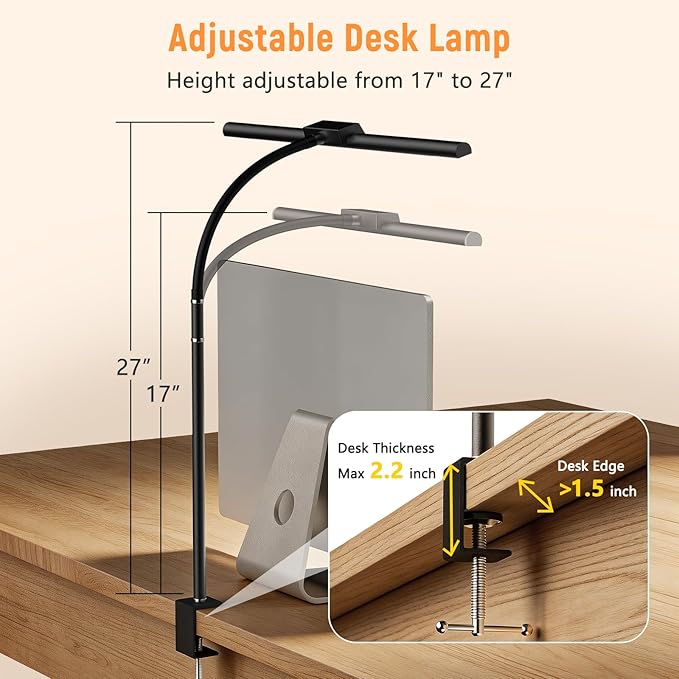 LED Desk Lamp for Home Office, Flexible Gooseneck Desk Lamp with Clamp, 5 Color Touch Control Stepless Dimming Adjustable Eye-Caring Desk Light with Adapter for Reading, Study, Workbench (Black)