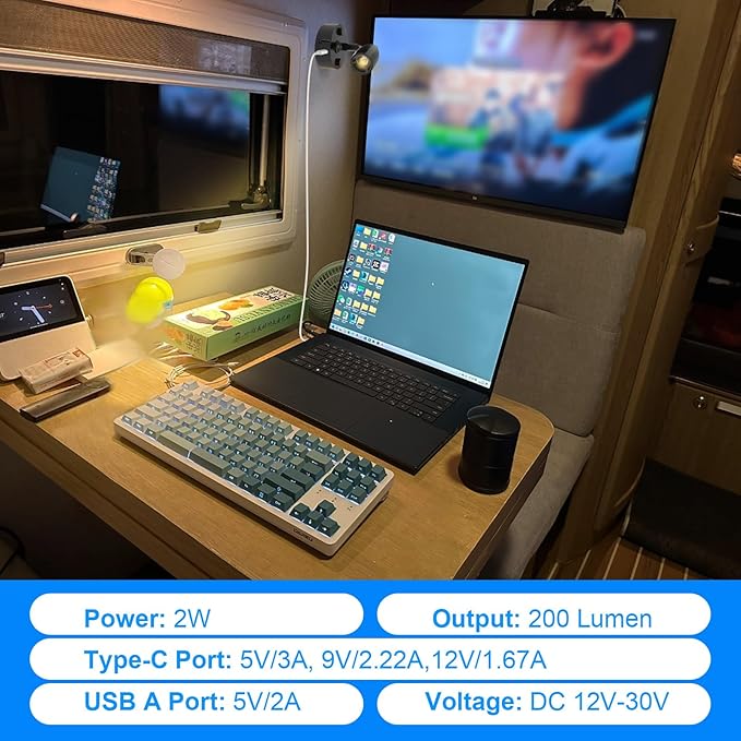 2-PCS RV Reading Lights 12V Interior with USB-A & USB-C Charging Ports, Rotatable Camper LED Light Fixture, RV Bedside Light for Motorhome, Camper, Travel Traile, Boat and Van