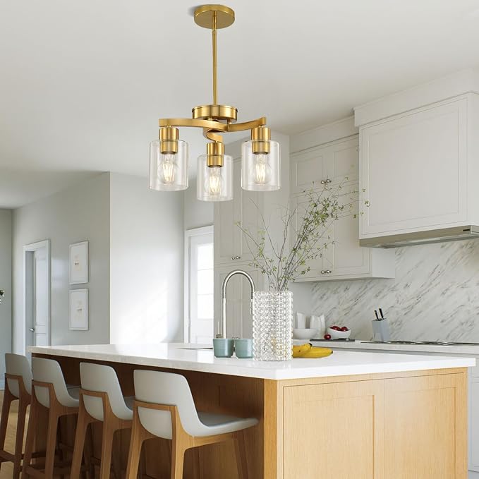 3 Light Brass Gold Dining Room Chandelier, Modern Industrial Pendant Light for Kitchen Island, Adjustable Height Hanging Ceiling Light Fixture with Clear Glass Shades,E26 Base,Dimmable