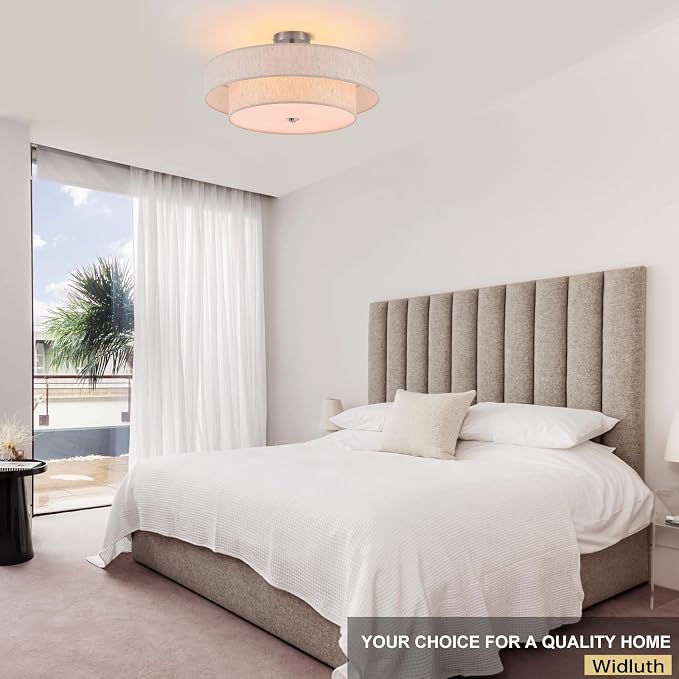 21.7" Large Chrome Flush Mount Ceiling Light, Linen 4-Light Fixture | Beige Linen Double Drum Shade, Modern For Bedroom, Living Room, Kitchen, Dining Room, Nursery,Close-To-Ceiling, E26, Dimmable