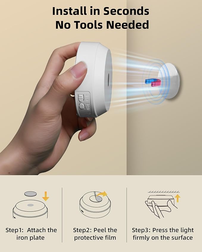 EZVALO 8 Pack Motion Sensor Closet Lights, 1200mAh Rechargeable Under Cabinet Lights, Night Lights, Puck Lights, Dimmable, 3 Color Temps, Magnetic, Stick on for Kitchen, Stairs, Closet