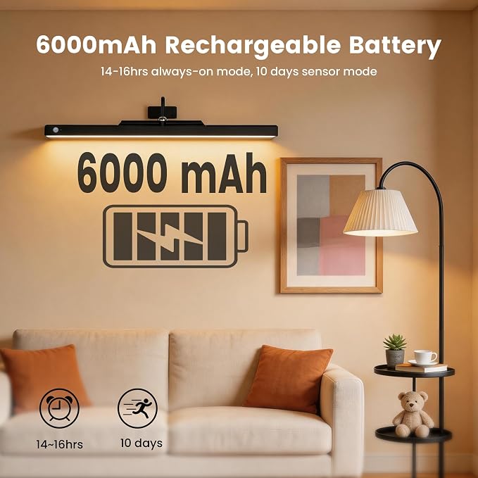 Wireless Picture Light for Wall with Motion Sensor, 24 Inch, Black, 1 Pack | 6000mAh Battery, Cordless, Magnetic Detachable Bar, Rechargeable, Remote Control, 3CCT Dimmable, for Artworks/Photos