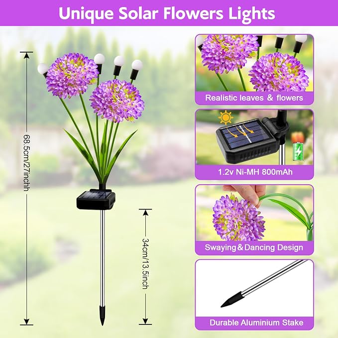Solar Garden Lights, 6 Pack Solar Purple Swaying Firefly Lights with Flowers, Waterproof Purple Halloween Flowers Light Outdoor for Garden Patio Yard Fall Decoration, Gifts for Women Mother's Day