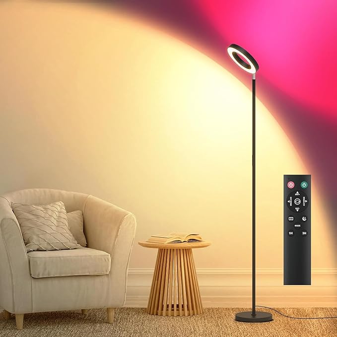 42W Dual-Sided Floor Lamp, RGB Color Changing LED Standing Lamp with Remote, Stepless Dimmabe Warm/Neutral/Cool Floor Light, Modern Torchiere Tall Lamps for Living Room Bedroom Gaming Party