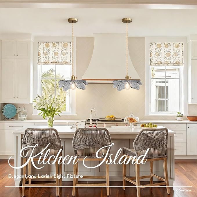 Vintage Ceiling Pendant Light with Gray Glass Flower Shade Farmhouse Hanging Light in Brushed Brass Gold, Adjustable 59“ Cord for Kitchen Island, Dining Room & Bedroom Ceiling Lighting