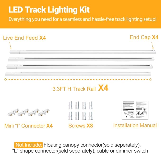 VANoopee 13FT H Track Lighting Rails Kit, White | H Type Rails with End Caps and Live End Feed Connector, Compatible with Single Circuit 120V H Style Track System & LED Heads