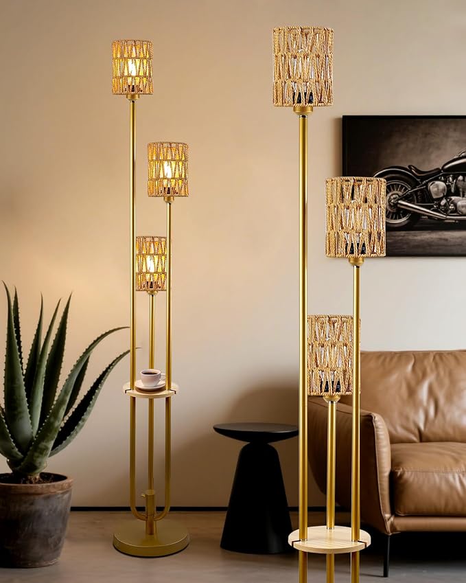 Lightdot Dimmable Boho Floor Lamps with 5Lbs Heavy Base for Living Room, 3-Lights Rattan Floor Lamp with Shelves Rustic Gold Standing Lamp with Warmwhite Bulbs Included for Sofa Beside/Corner Decor
