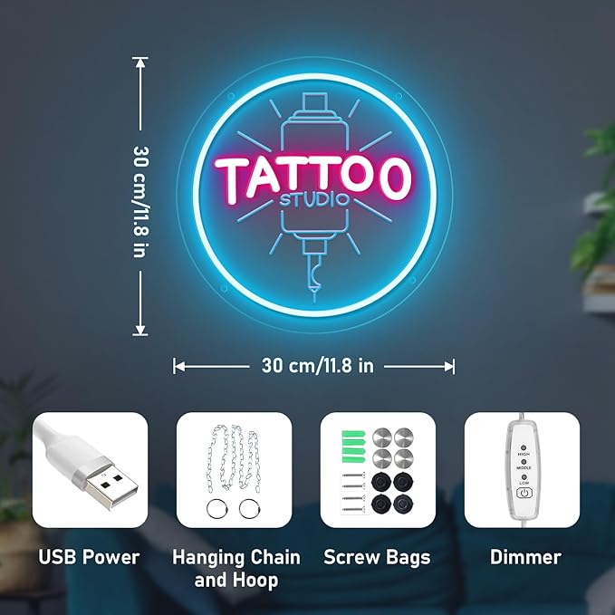 TATTOO Studio Neon Sign LED Tattoo Wall Decor USB Powered Adjustable Brightness Dimmable Neon Light for Business Stores Birthday Christmas Gifts