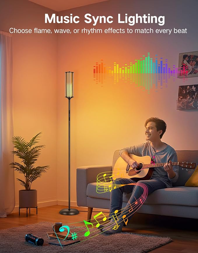 OUTON Bright Smart Floor Lamp with Remote, App & Touch Control, RGB Color Changing Standing Lamp, 2200K-6500K Dimmable, 3 Adjustable Heights, 32 Scenes for Living Room Bedroom Office,Black & Glass