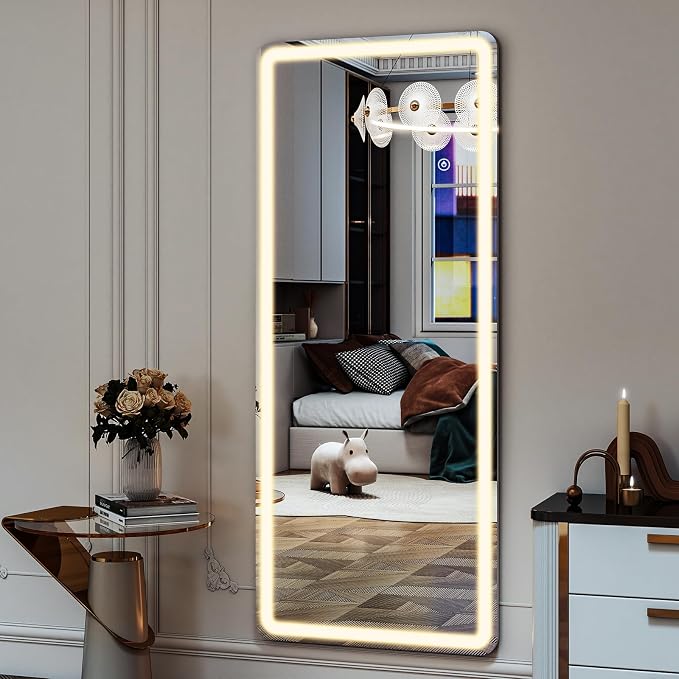 Easly 26x68 inch Full Length Mirror with Lights, LED Lighted Floor Standing, Hanging Mirror Full Length with Stand Free, Full Body Dressing Mirrors with Dimmable 3 Color LED