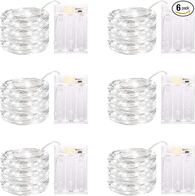 6 Pack LED Fairy Lights Battery Operated with Timer, 13FT 40LED Waterproof Firefly Lights Silver Wire Mini Twinkle String Lights for Wedding Christmas Birthday Party Mason jar Decorations, White