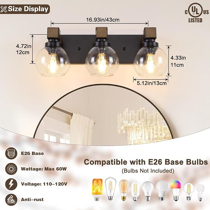 Farmhouse Bathroom Light Fixtures, 3-Light Rustic Wood Bathroom Lights Over Mirror with Glass Globe Shades, Matte Black Wall Mounted Lamp Vanity Lights for Bathroom Bedroom Living Room Cabinet