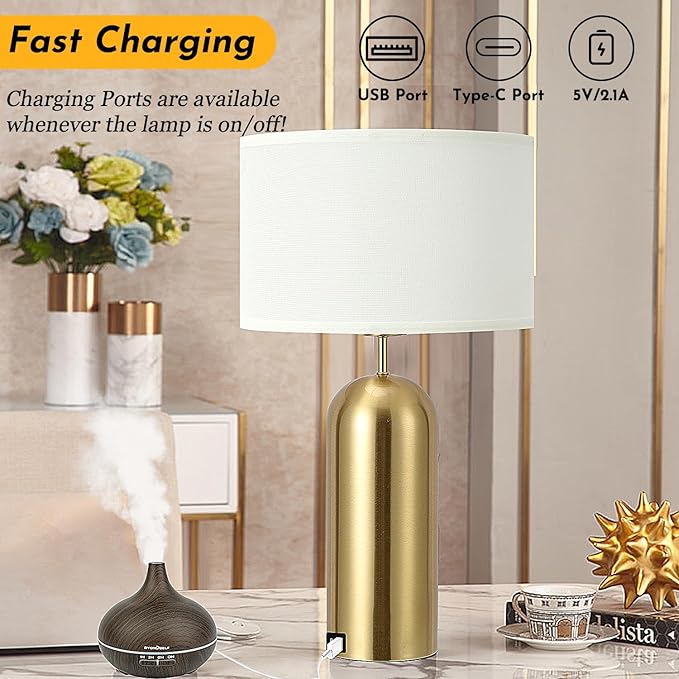 Gold Lamps Set of 2 Touch Control 3-Way Dimmable Bedside Nightstand Lamps Bedroom Lamps Modern White& Gold Table Lamp with USB Type C Ports Tall Lamps for Living Room End Table Home Office