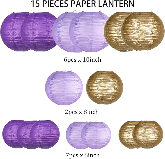 15-Pack Purple Gold Paper Lanterns, Rapunzel Birthday Decorations | 6, 8 & 10-Inch Round Hanging Set with Wire Frames for Baby Showers, Weddings, Graduations, Mermaid Themes & Ceiling Displays