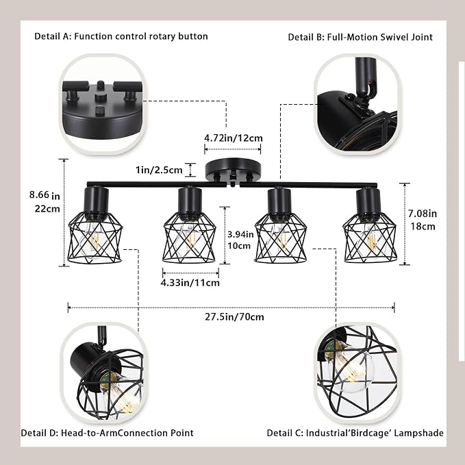 SOTTAE 4-Light Track Ceiling Light, Black Metal Birdcage Semi Flush Mount Ceiling Light, Adjustable Multi-Directional Spot Light, Farmhouse Ceiling Lamp for Living Room Kitchen Dining Bedroom Hallway