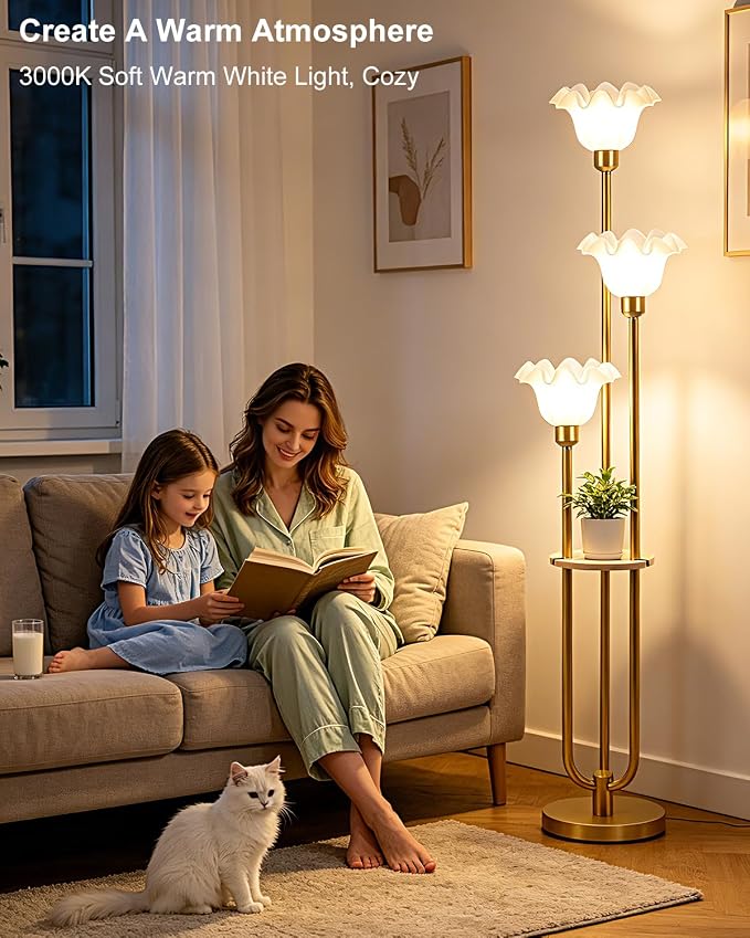 Lightdot Flower Floor Lamp for Living Room Dimmable Vintage Floor Lamp with Shelf& Bulbs Included Mid Century Gold Floral Standing Tall Lamp with 5Lbs Heavy Base for Bedroom/Sofa Beside/Corner Decor